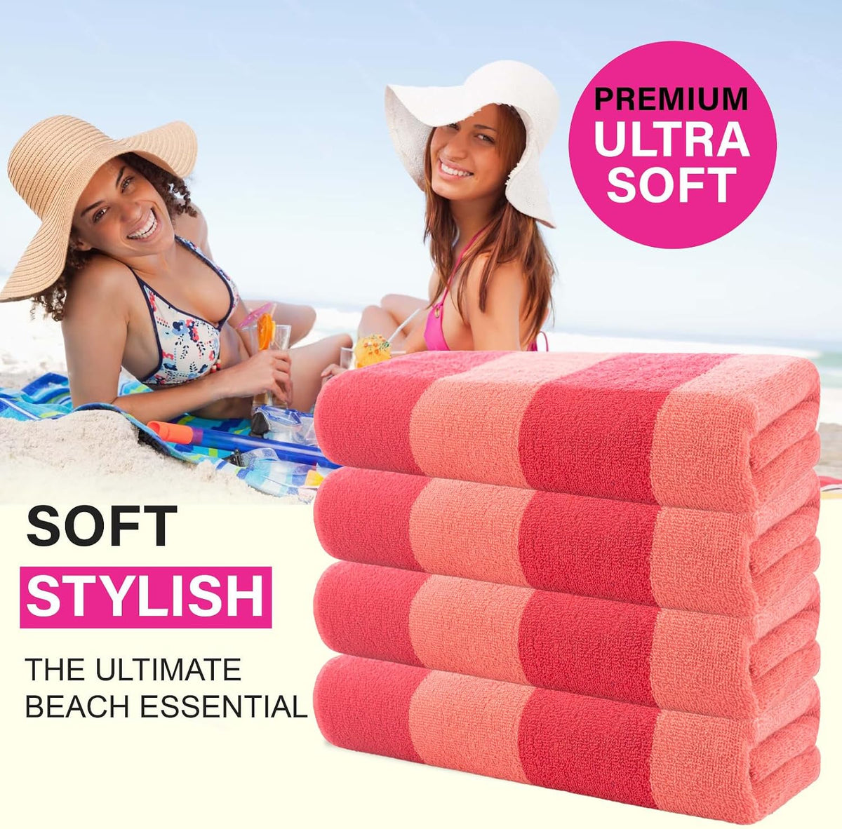 Malibu Beach Towels Designed in Denmark Rough and Tough, Quick Dry, for Pool, Bath & Shower 30x60 inches 4 Pieces Cotton Beach Bath Towels Set - Pink