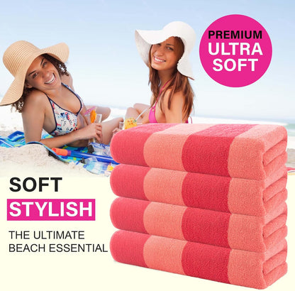 Malibu Beach Towels Designed in Denmark Rough and Tough, Quick Dry, for Pool, Bath & Shower 30x60 inches 4 Pieces Cotton Beach Bath Towels Set - Pink