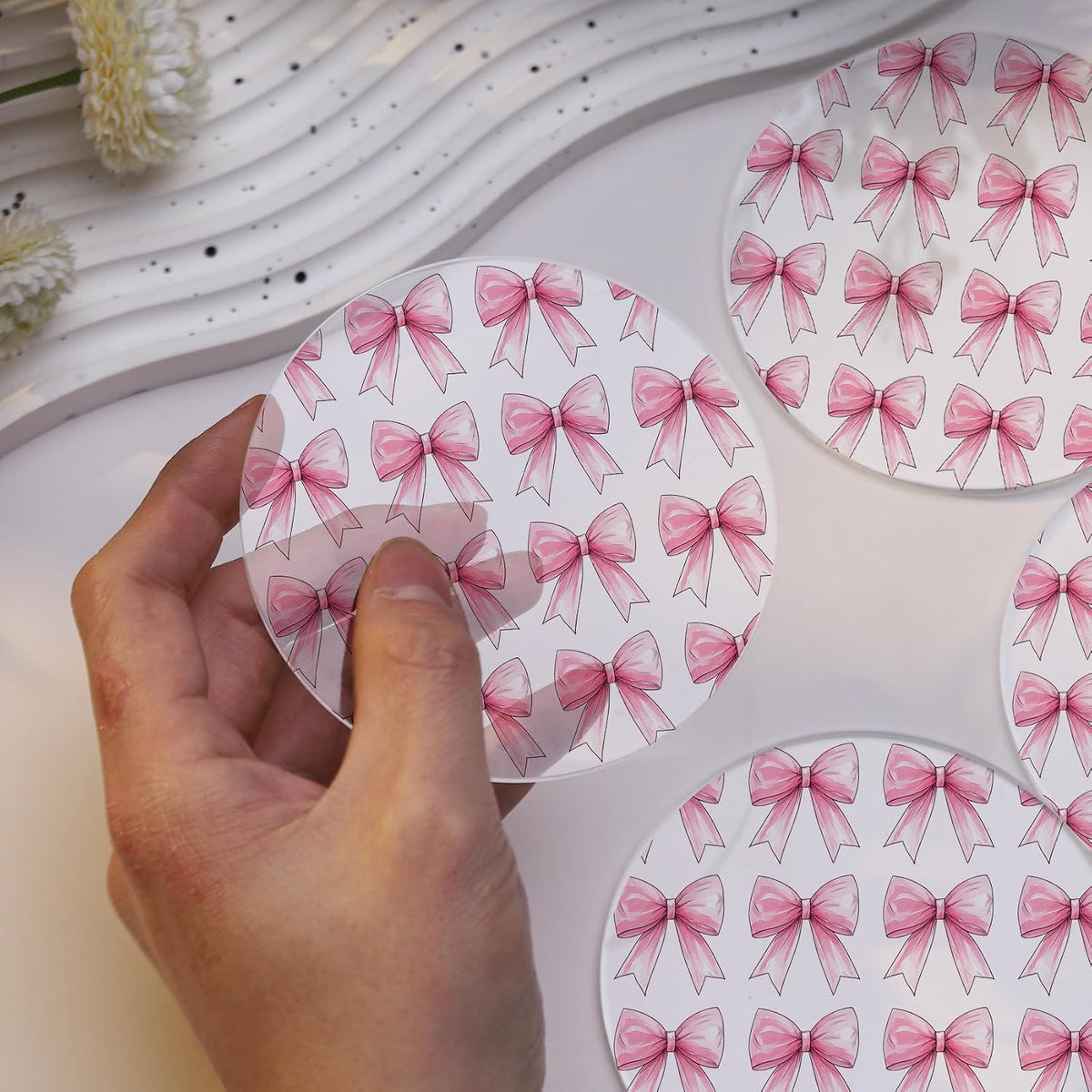 Drink Coasters with Pink Bow Pattern, Round 3.93 Inch, Set of 2,Pink Table Coasters for Home Decor (Pink D)