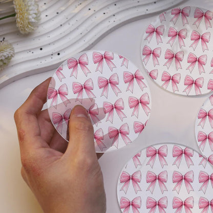 Drink Coasters with Pink Bow Pattern, Round 3.93 Inch, Set of 2,Pink Table Coasters for Home Decor (Pink D)