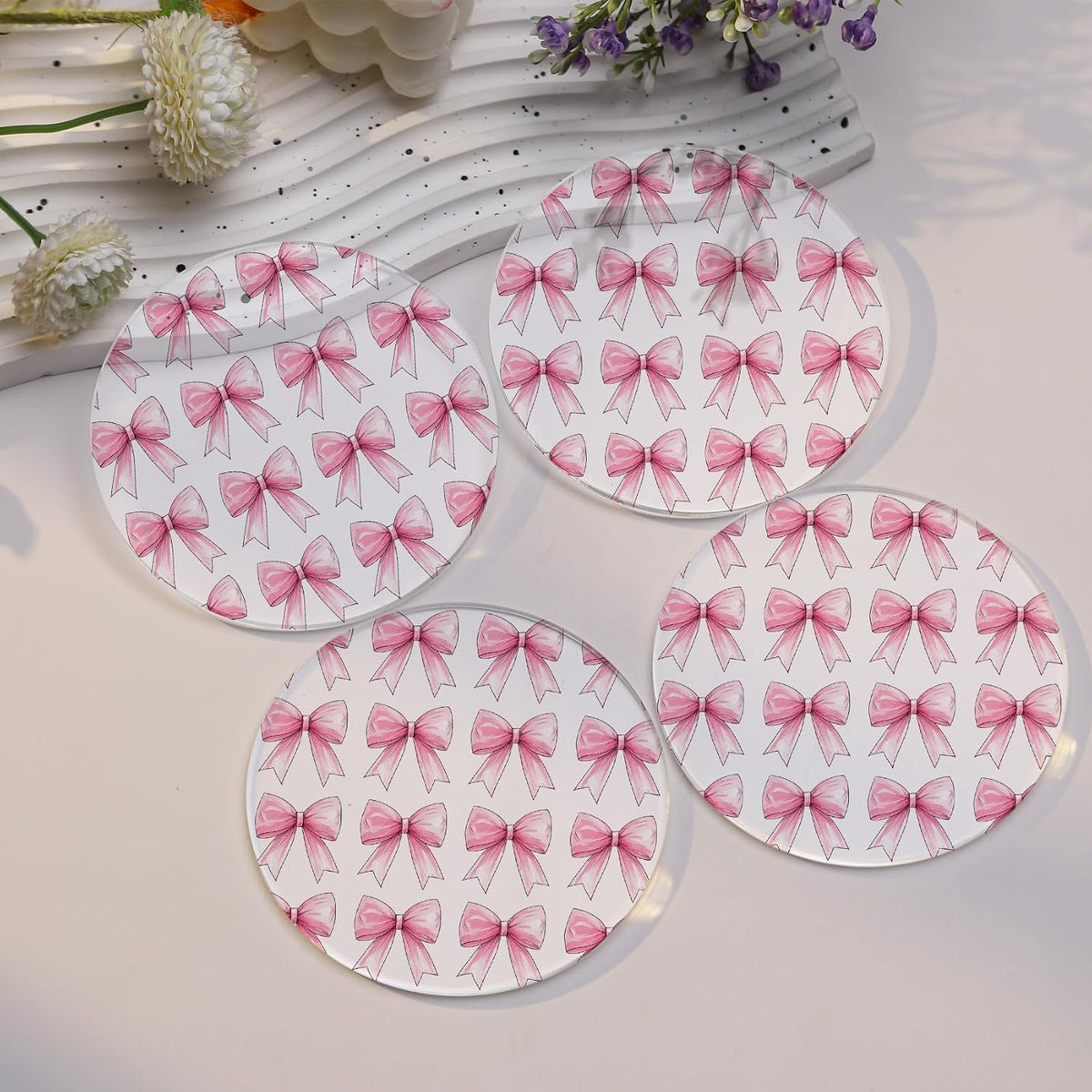 Drink Coasters with Pink Bow Pattern, Round 3.93 Inch, Set of 2,Pink Table Coasters for Home Decor (Pink D)