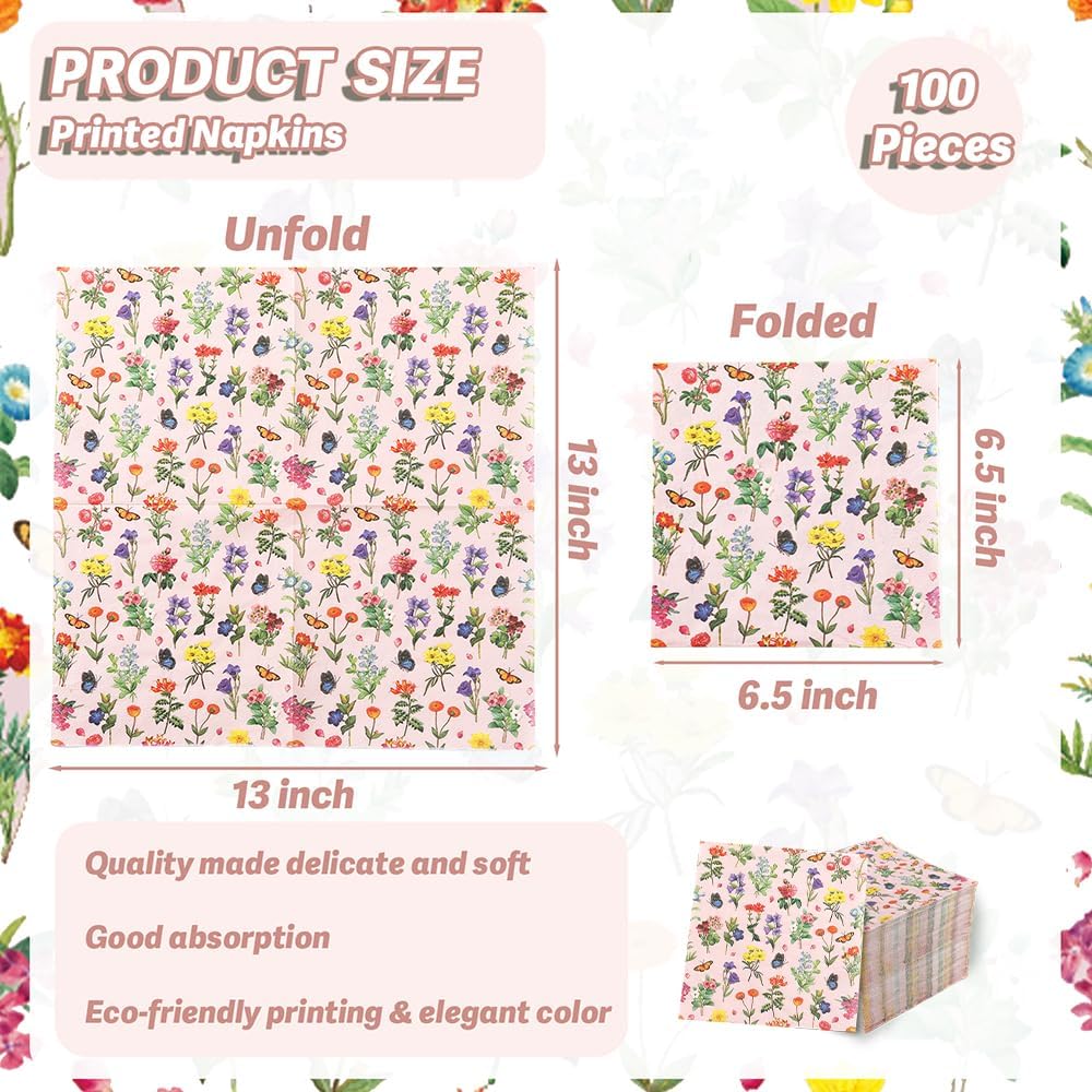 100 Pcs Floral Napkins Disposable Paper Wildflower Napkins, 2-Ply Retro Flower Dinner Napkins Pink Decorative Party Napkin for Spring Summer Picnic Wedding Baby Shower Birthday Tea Party
