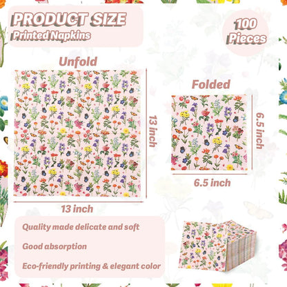 100 Pcs Floral Napkins Disposable Paper Wildflower Napkins, 2-Ply Retro Flower Dinner Napkins Pink Decorative Party Napkin for Spring Summer Picnic Wedding Baby Shower Birthday Tea Party