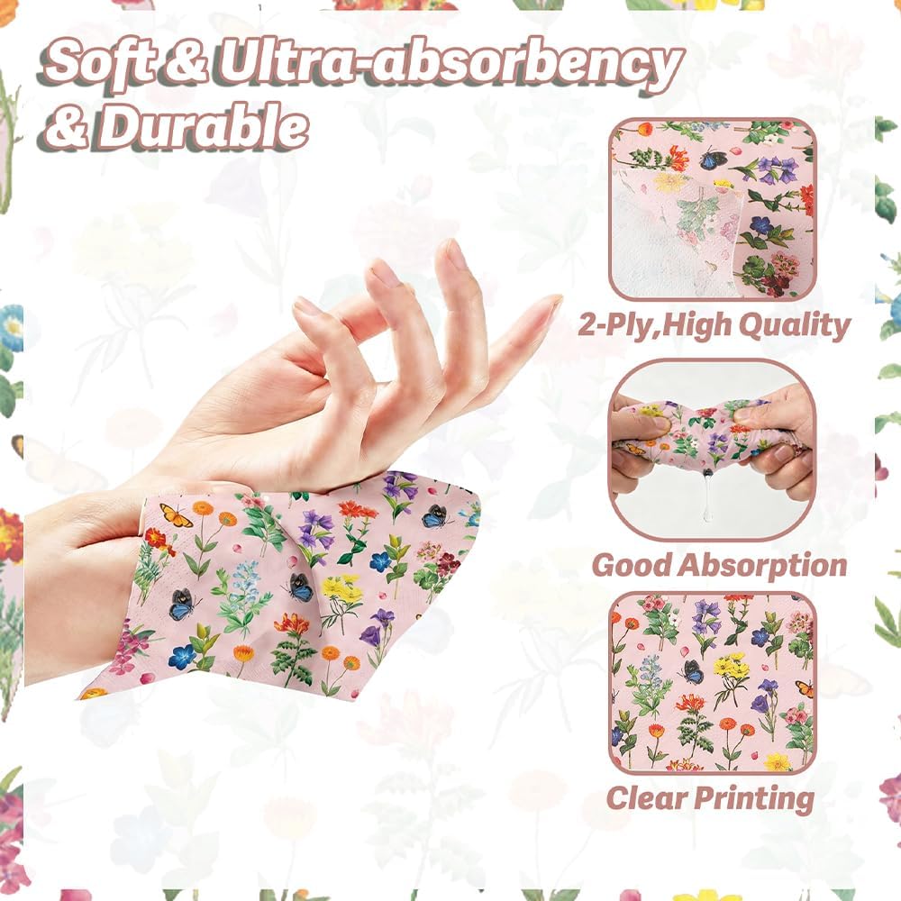 100 Pcs Floral Napkins Disposable Paper Wildflower Napkins, 2-Ply Retro Flower Dinner Napkins Pink Decorative Party Napkin for Spring Summer Picnic Wedding Baby Shower Birthday Tea Party
