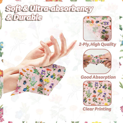 100 Pcs Floral Napkins Disposable Paper Wildflower Napkins, 2-Ply Retro Flower Dinner Napkins Pink Decorative Party Napkin for Spring Summer Picnic Wedding Baby Shower Birthday Tea Party