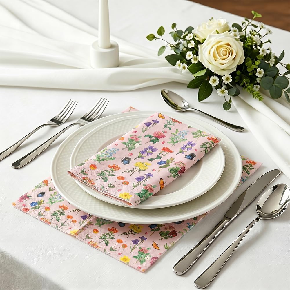 100 Pcs Floral Napkins Disposable Paper Wildflower Napkins, 2-Ply Retro Flower Dinner Napkins Pink Decorative Party Napkin for Spring Summer Picnic Wedding Baby Shower Birthday Tea Party