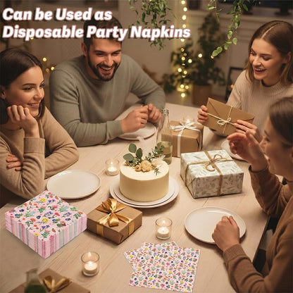 100 Pcs Floral Napkins Disposable Paper Wildflower Napkins, 2-Ply Retro Flower Dinner Napkins Pink Decorative Party Napkin for Spring Summer Picnic Wedding Baby Shower Birthday Tea Party