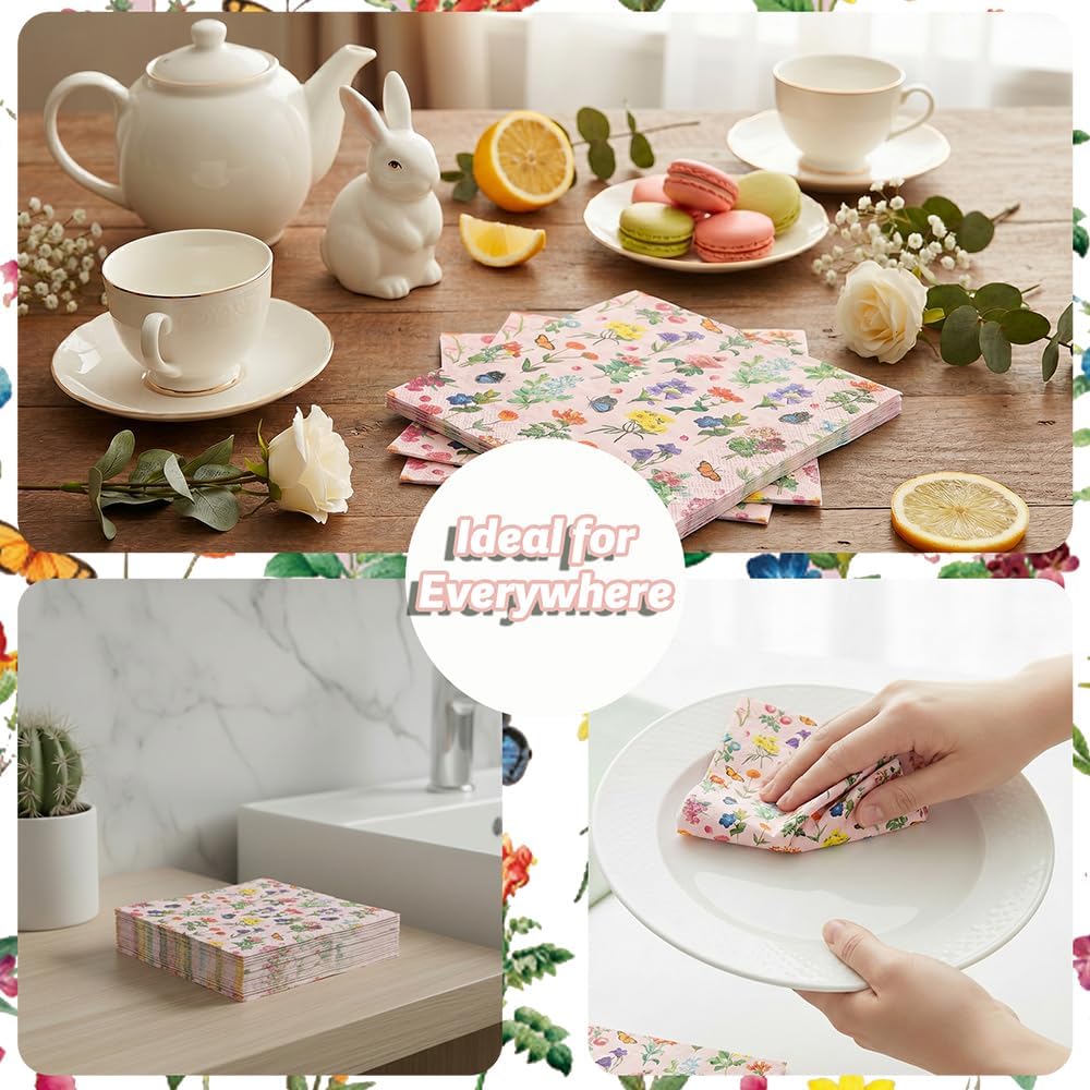 100 Pcs Floral Napkins Disposable Paper Wildflower Napkins, 2-Ply Retro Flower Dinner Napkins Pink Decorative Party Napkin for Spring Summer Picnic Wedding Baby Shower Birthday Tea Party
