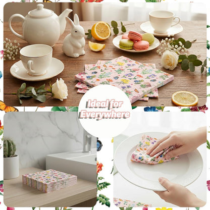 100 Pcs Floral Napkins Disposable Paper Wildflower Napkins, 2-Ply Retro Flower Dinner Napkins Pink Decorative Party Napkin for Spring Summer Picnic Wedding Baby Shower Birthday Tea Party