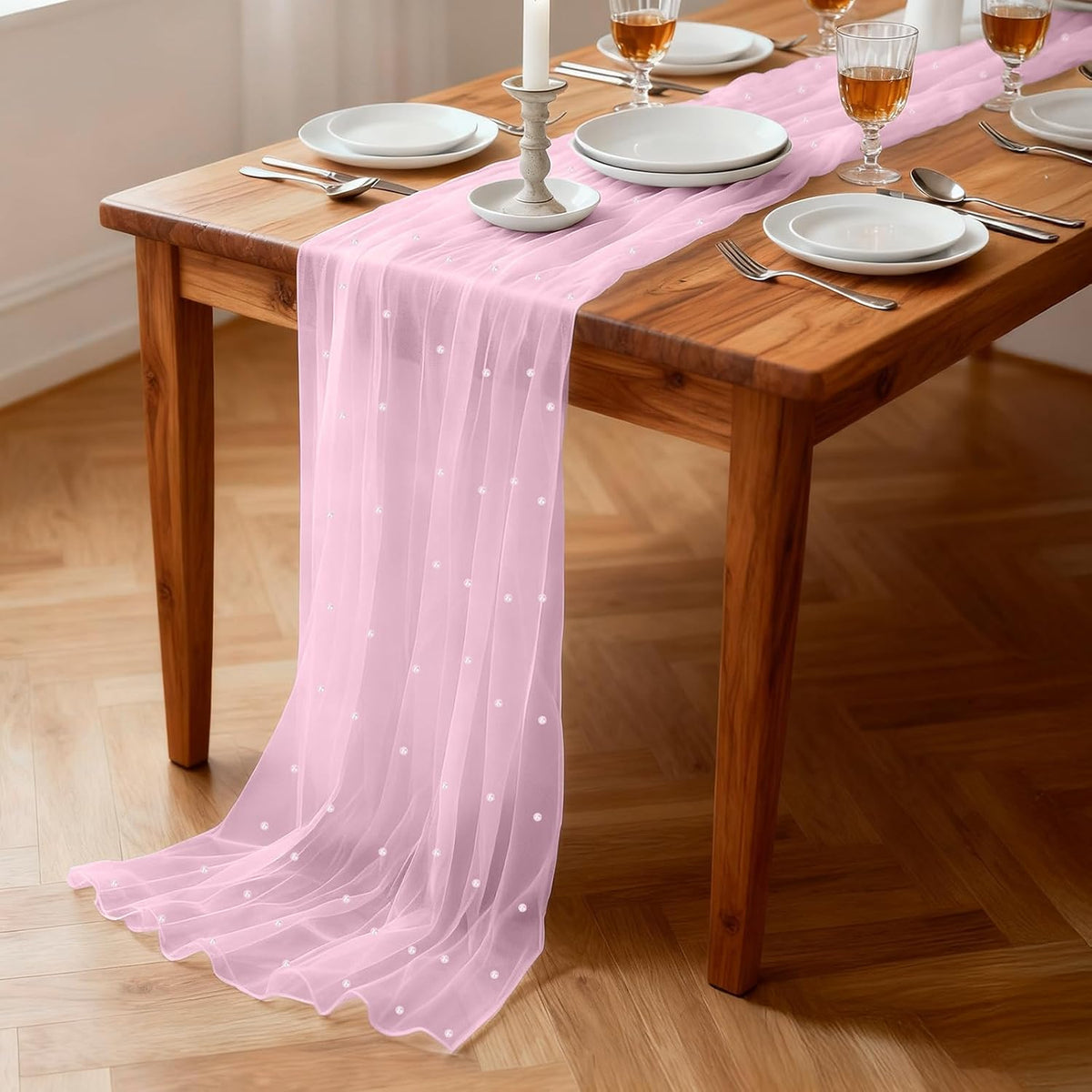 Pearl Table Runner 1PCS, 31.5x120 Inches Lace Runners for Tables, Pink Runners for Christmas Thanksgiving Birthday Party Wedding Decorations