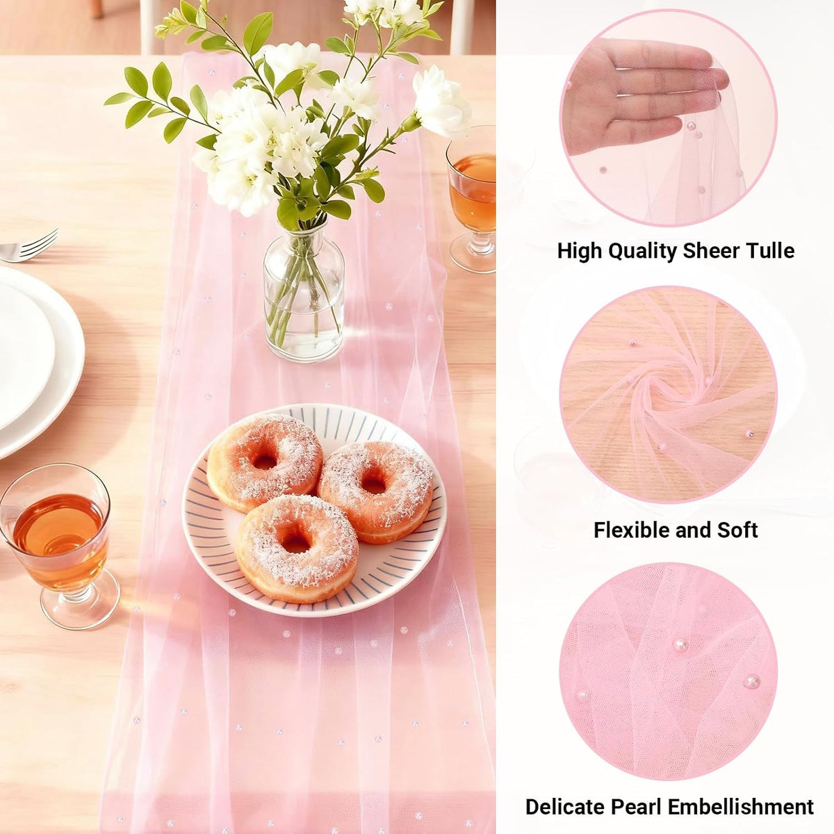Pearl Table Runner 1PCS, 31.5x120 Inches Lace Runners for Tables, Pink Runners for Christmas Thanksgiving Birthday Party Wedding Decorations