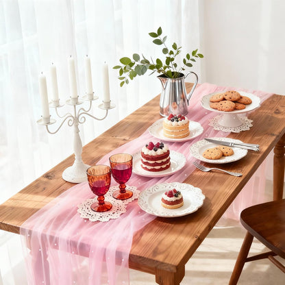 Pearl Table Runner 1PCS, 31.5x120 Inches Lace Runners for Tables, Pink Runners for Christmas Thanksgiving Birthday Party Wedding Decorations