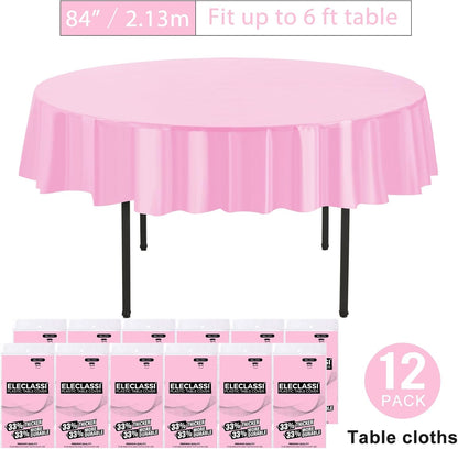 Pink 12 Pack Premium Round Disposable Plastic Tablecloth - 84 Inch Round Plastic Table Cloth Disposable Tablecloth for Parties