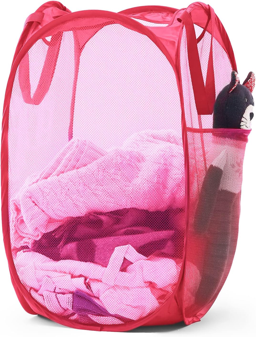 Collapsible Mesh Pop Up Laundry Hamper with Sturdy Handles and Side Pocket - Portable Foldable Clothes Baskets for Dorm, Bathroom & Travel Storage (Pink)