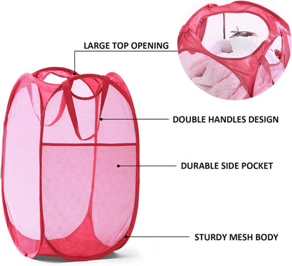 Collapsible Mesh Pop Up Laundry Hamper with Sturdy Handles and Side Pocket - Portable Foldable Clothes Baskets for Dorm, Bathroom & Travel Storage (Pink)