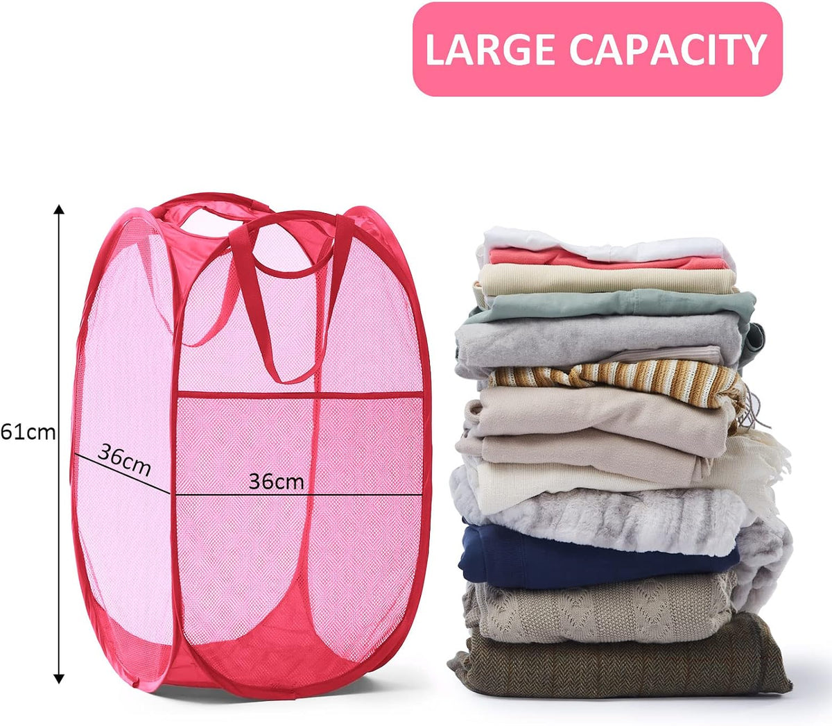 Collapsible Mesh Pop Up Laundry Hamper with Sturdy Handles and Side Pocket - Portable Foldable Clothes Baskets for Dorm, Bathroom & Travel Storage (Pink)