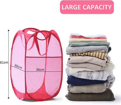 Collapsible Mesh Pop Up Laundry Hamper with Sturdy Handles and Side Pocket - Portable Foldable Clothes Baskets for Dorm, Bathroom & Travel Storage (Pink)
