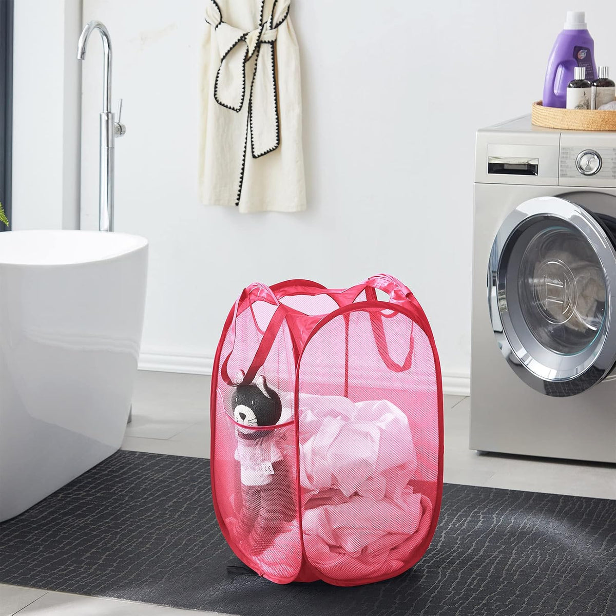 Collapsible Mesh Pop Up Laundry Hamper with Sturdy Handles and Side Pocket - Portable Foldable Clothes Baskets for Dorm, Bathroom & Travel Storage (Pink)