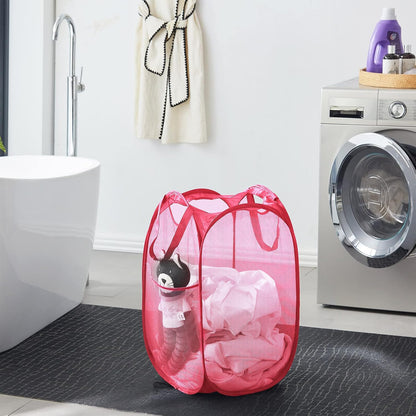 Collapsible Mesh Pop Up Laundry Hamper with Sturdy Handles and Side Pocket - Portable Foldable Clothes Baskets for Dorm, Bathroom & Travel Storage (Pink)