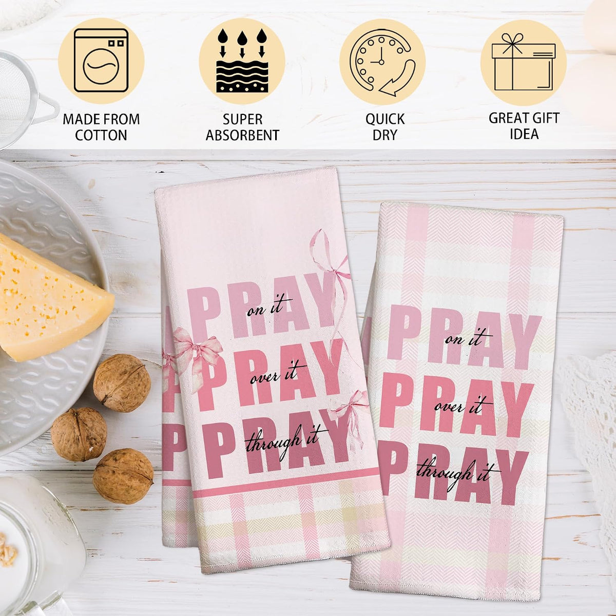Pink Bow Kitchen Towels Set, Christian Decorative Kitchen Dish Towels, Cute Waffle Weave Dish Cloth, Pink Home Decor, Best Housewarming Gifts for Family Friends-B06