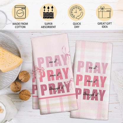 Pink Bow Kitchen Towels Set, Christian Decorative Kitchen Dish Towels, Cute Waffle Weave Dish Cloth, Pink Home Decor, Best Housewarming Gifts for Family Friends-B06