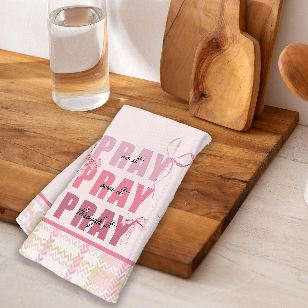 Pink Bow Kitchen Towels Set, Christian Decorative Kitchen Dish Towels, Cute Waffle Weave Dish Cloth, Pink Home Decor, Best Housewarming Gifts for Family Friends-B06