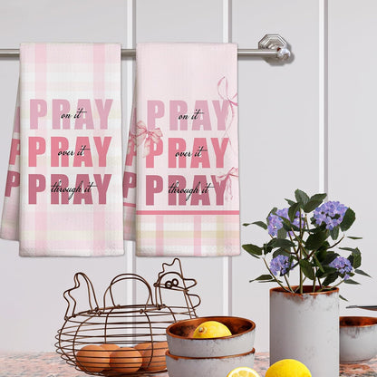 Pink Bow Kitchen Towels Set, Christian Decorative Kitchen Dish Towels, Cute Waffle Weave Dish Cloth, Pink Home Decor, Best Housewarming Gifts for Family Friends-B06