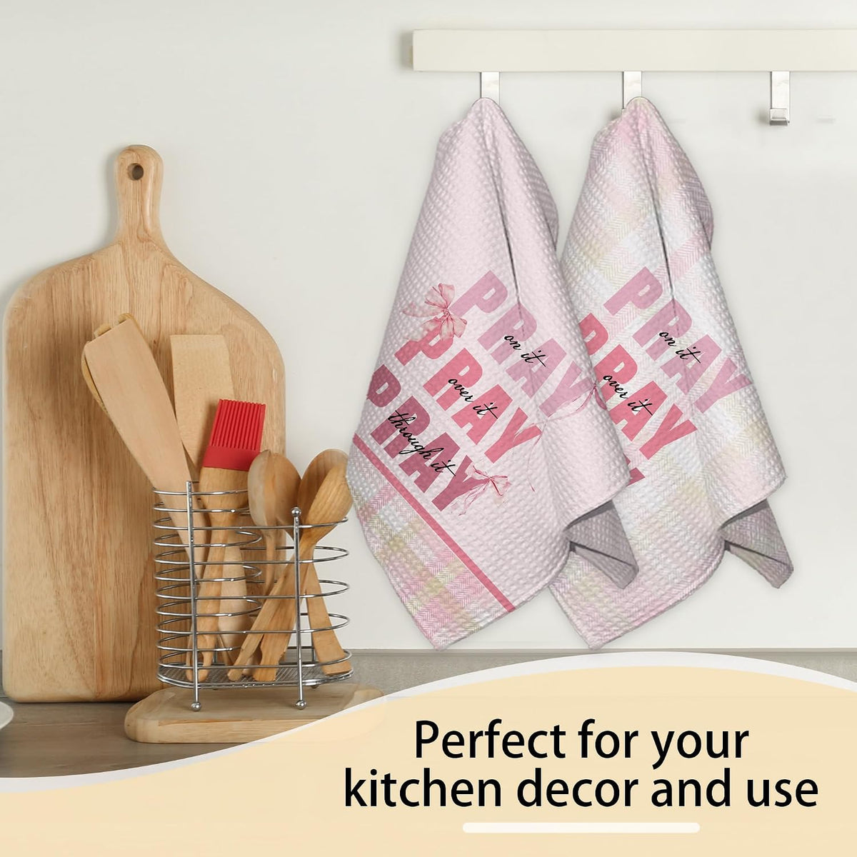 Pink Bow Kitchen Towels Set, Christian Decorative Kitchen Dish Towels, Cute Waffle Weave Dish Cloth, Pink Home Decor, Best Housewarming Gifts for Family Friends-B06
