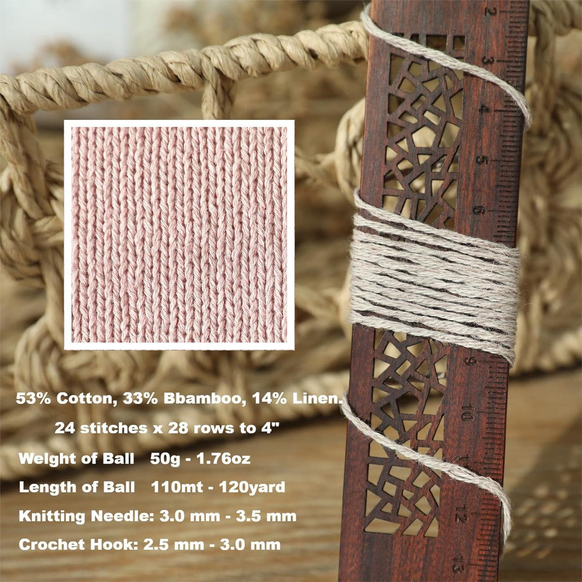 Cotton, Bamboo,Linen Blended Yarn 2 Skeins 50g/1.76oz- 06 Coral Pink