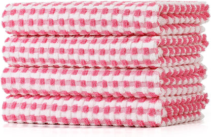 Cotton Dish Towels Cloths for Kitchen Drying Dishes, Lattice Terry Towels, Highly Absorbent Kitchen Cloths with Hanging Loop, 16‘’ x 26‘’, 4 Packs, Pink