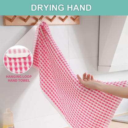 Cotton Dish Towels Cloths for Kitchen Drying Dishes, Lattice Terry Towels, Highly Absorbent Kitchen Cloths with Hanging Loop, 16‘’ x 26‘’, 4 Packs, Pink