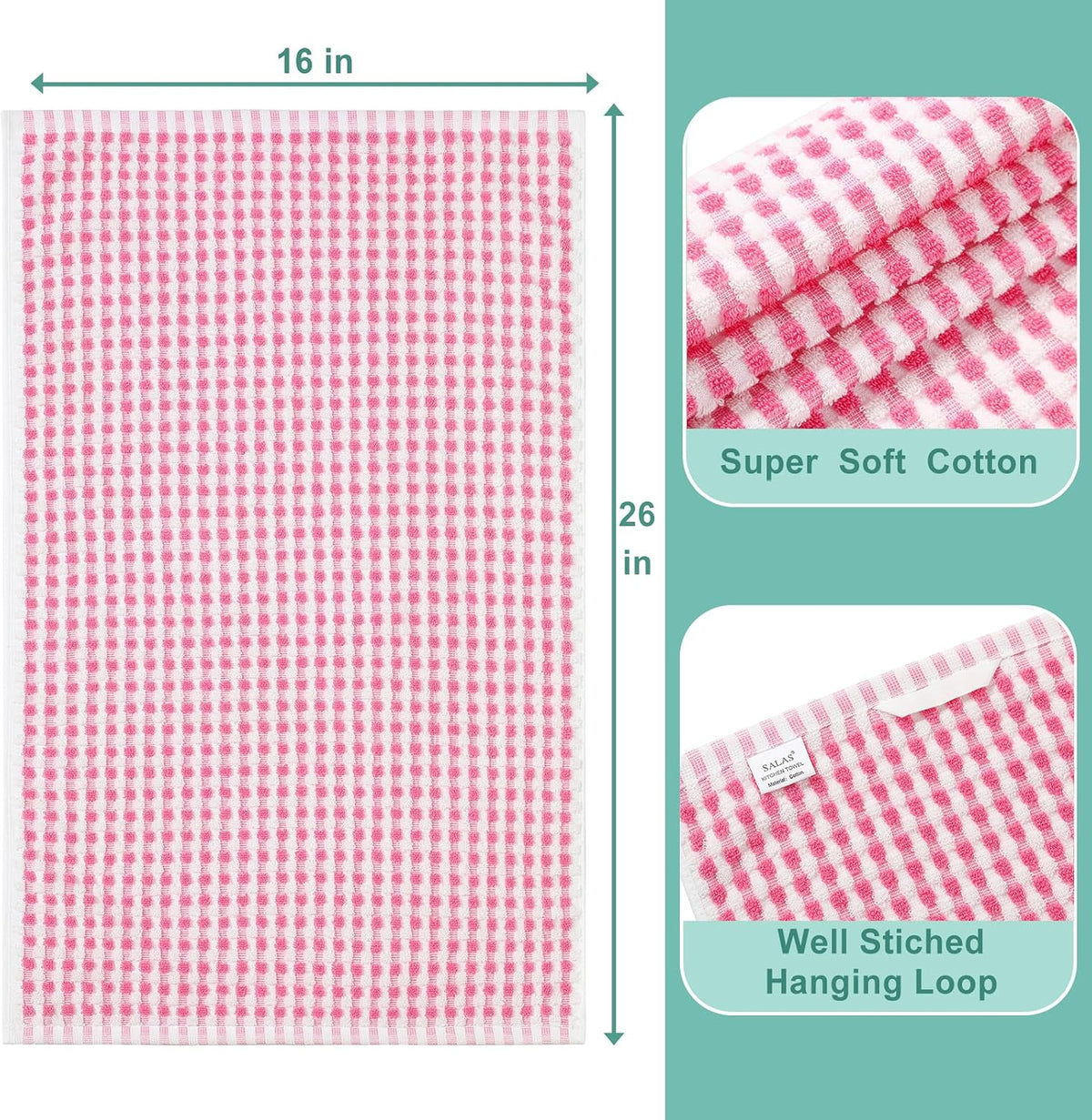 Cotton Dish Towels Cloths for Kitchen Drying Dishes, Lattice Terry Towels, Highly Absorbent Kitchen Cloths with Hanging Loop, 16‘’ x 26‘’, 4 Packs, Pink