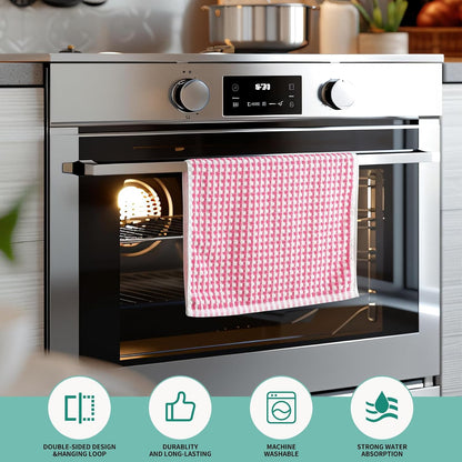 Cotton Dish Towels Cloths for Kitchen Drying Dishes, Lattice Terry Towels, Highly Absorbent Kitchen Cloths with Hanging Loop, 16‘’ x 26‘’, 4 Packs, Pink