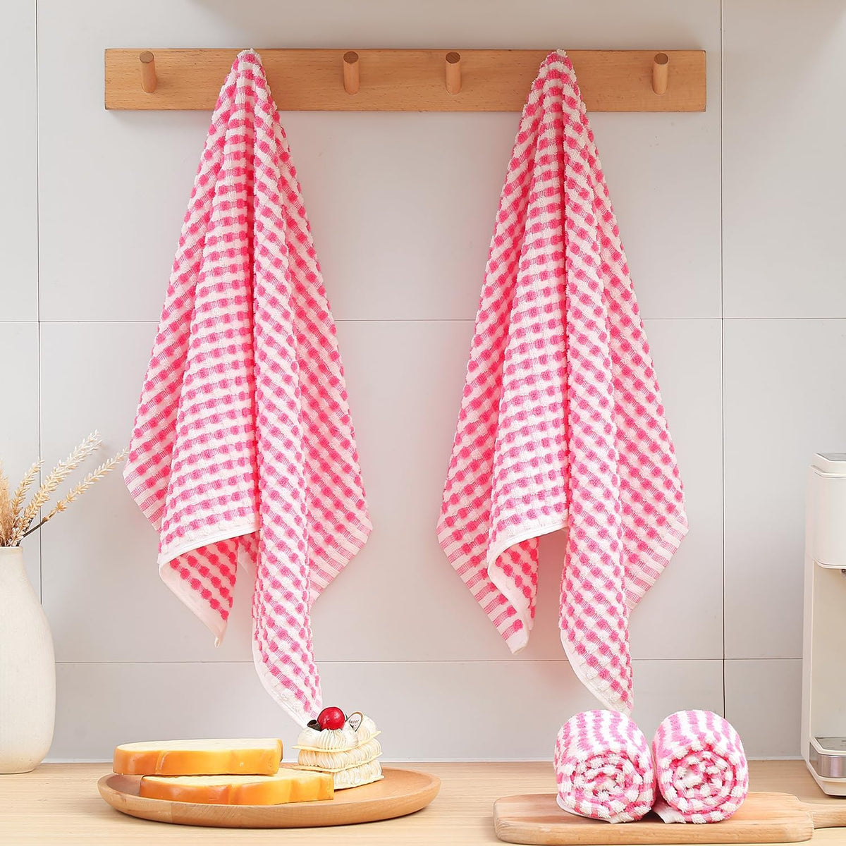 Cotton Dish Towels Cloths for Kitchen Drying Dishes, Lattice Terry Towels, Highly Absorbent Kitchen Cloths with Hanging Loop, 16‘’ x 26‘’, 4 Packs, Pink