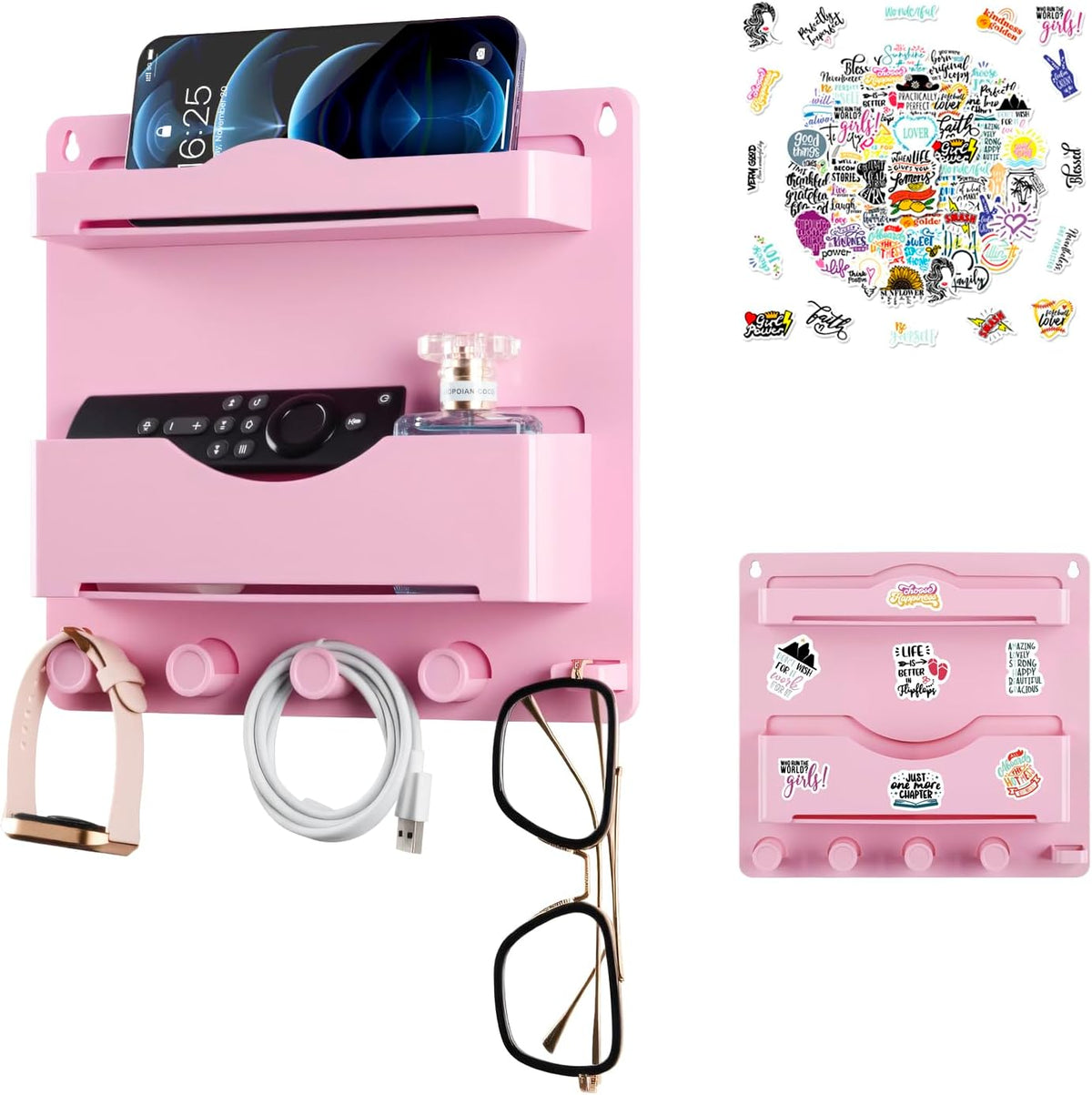 Pink Bedside Shelf Organizer - Wall Mount Phone Holder with Glasses Hook & 50 Motivational Stickers for Girls Bedroom Dorm Decor