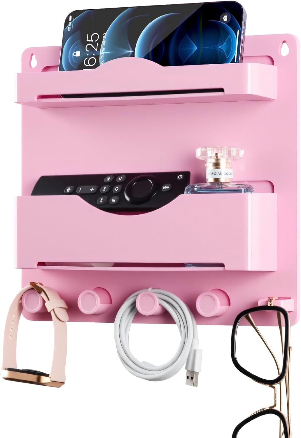 Pink Bedside Shelf Organizer - Wall Mount Phone Holder with Glasses Hook & 50 Motivational Stickers for Girls Bedroom Dorm Decor