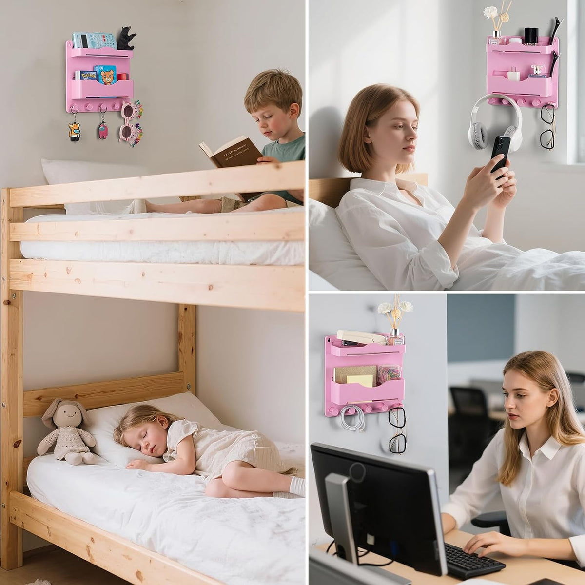 Pink Bedside Shelf Organizer - Wall Mount Phone Holder with Glasses Hook & 50 Motivational Stickers for Girls Bedroom Dorm Decor