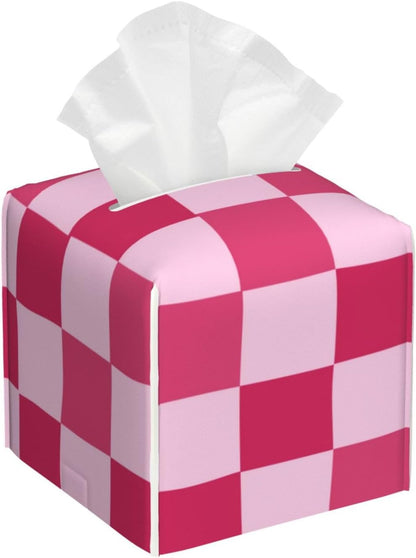 PU Leather Tissue Box Cover 5.2"X5.2"X5.2", Pink Checkerboard Tissue Box Holder Decorative for Bathroom, Home Office Car Decor