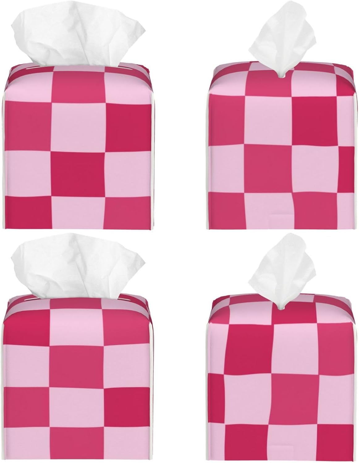 PU Leather Tissue Box Cover 5.2"X5.2"X5.2", Pink Checkerboard Tissue Box Holder Decorative for Bathroom, Home Office Car Decor