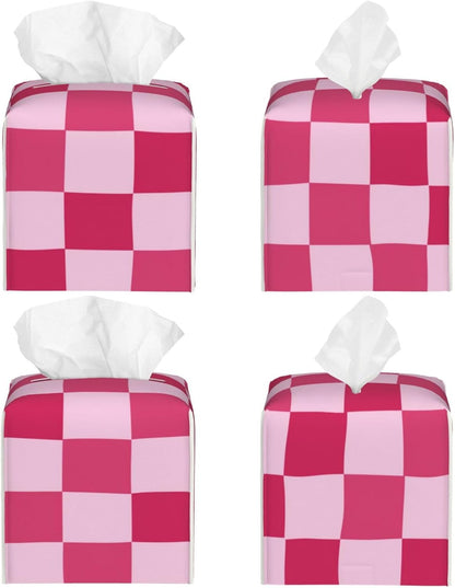 PU Leather Tissue Box Cover 5.2"X5.2"X5.2", Pink Checkerboard Tissue Box Holder Decorative for Bathroom, Home Office Car Decor