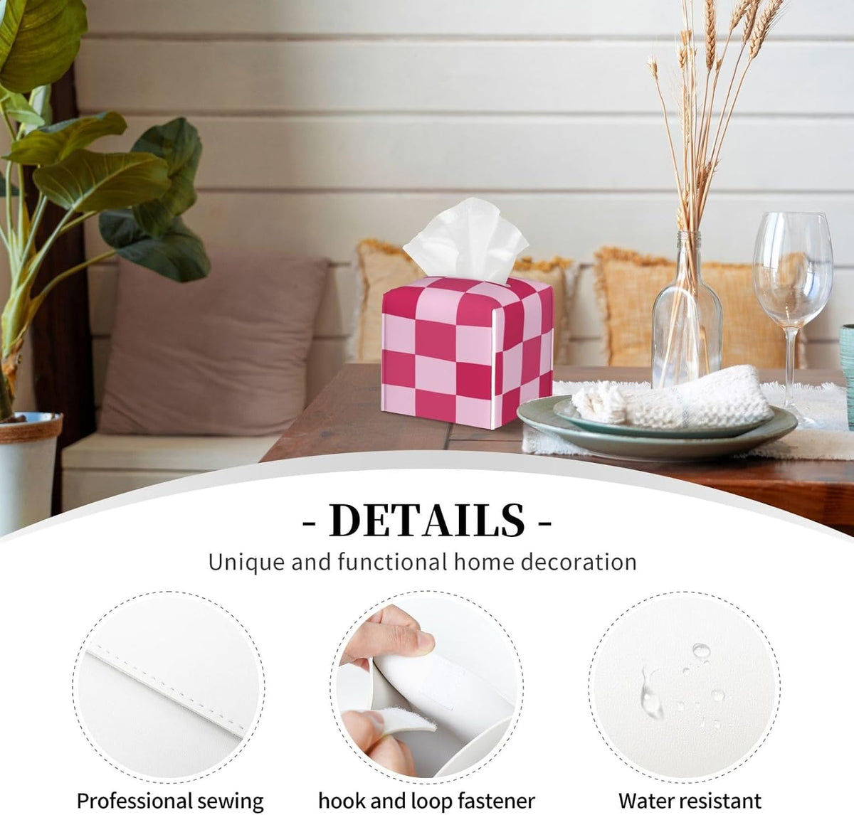 PU Leather Tissue Box Cover 5.2"X5.2"X5.2", Pink Checkerboard Tissue Box Holder Decorative for Bathroom, Home Office Car Decor