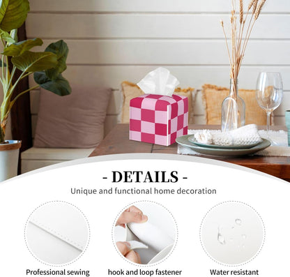 PU Leather Tissue Box Cover 5.2"X5.2"X5.2", Pink Checkerboard Tissue Box Holder Decorative for Bathroom, Home Office Car Decor