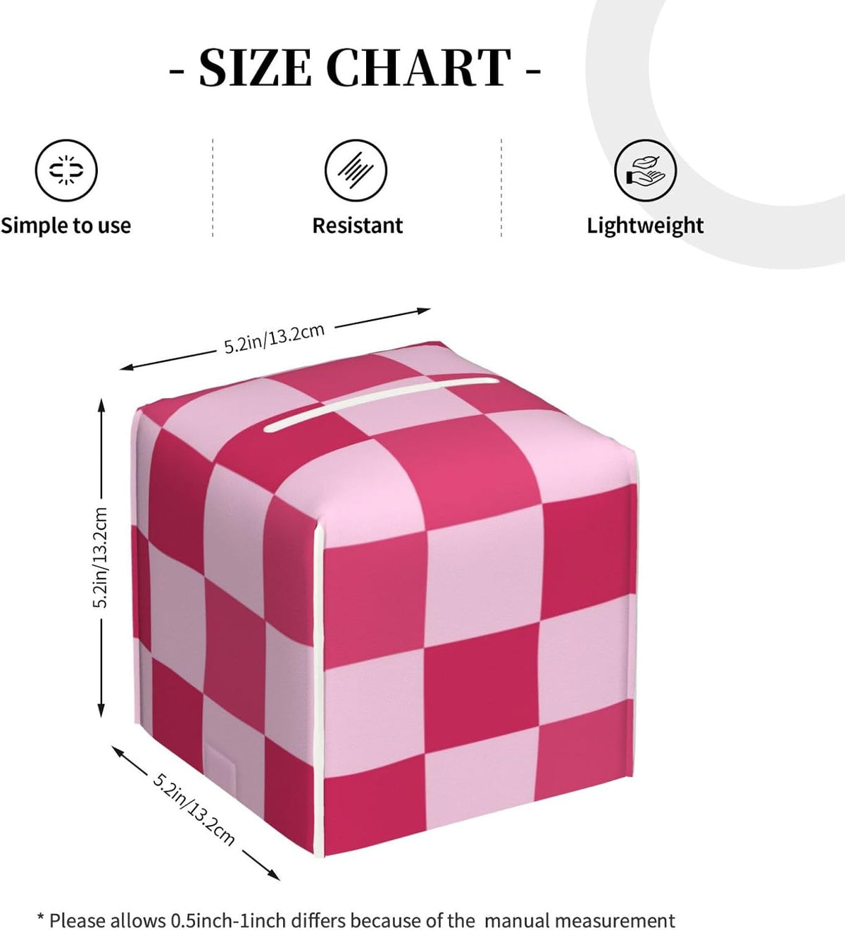 PU Leather Tissue Box Cover 5.2"X5.2"X5.2", Pink Checkerboard Tissue Box Holder Decorative for Bathroom, Home Office Car Decor