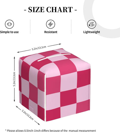 PU Leather Tissue Box Cover 5.2"X5.2"X5.2", Pink Checkerboard Tissue Box Holder Decorative for Bathroom, Home Office Car Decor