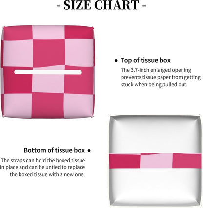 PU Leather Tissue Box Cover 5.2"X5.2"X5.2", Pink Checkerboard Tissue Box Holder Decorative for Bathroom, Home Office Car Decor