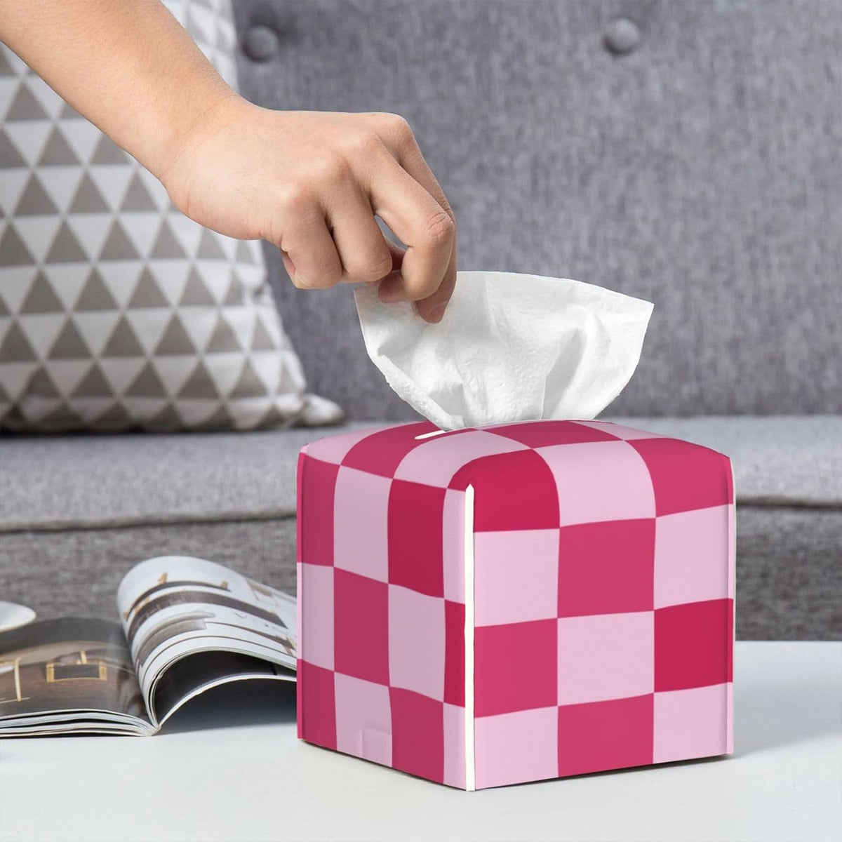 PU Leather Tissue Box Cover 5.2"X5.2"X5.2", Pink Checkerboard Tissue Box Holder Decorative for Bathroom, Home Office Car Decor