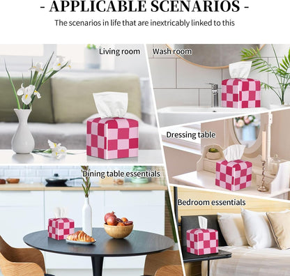 PU Leather Tissue Box Cover 5.2"X5.2"X5.2", Pink Checkerboard Tissue Box Holder Decorative for Bathroom, Home Office Car Decor