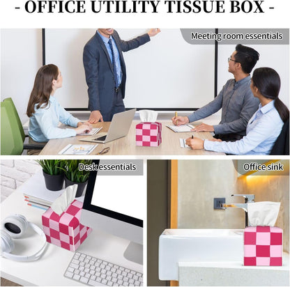 PU Leather Tissue Box Cover 5.2"X5.2"X5.2", Pink Checkerboard Tissue Box Holder Decorative for Bathroom, Home Office Car Decor
