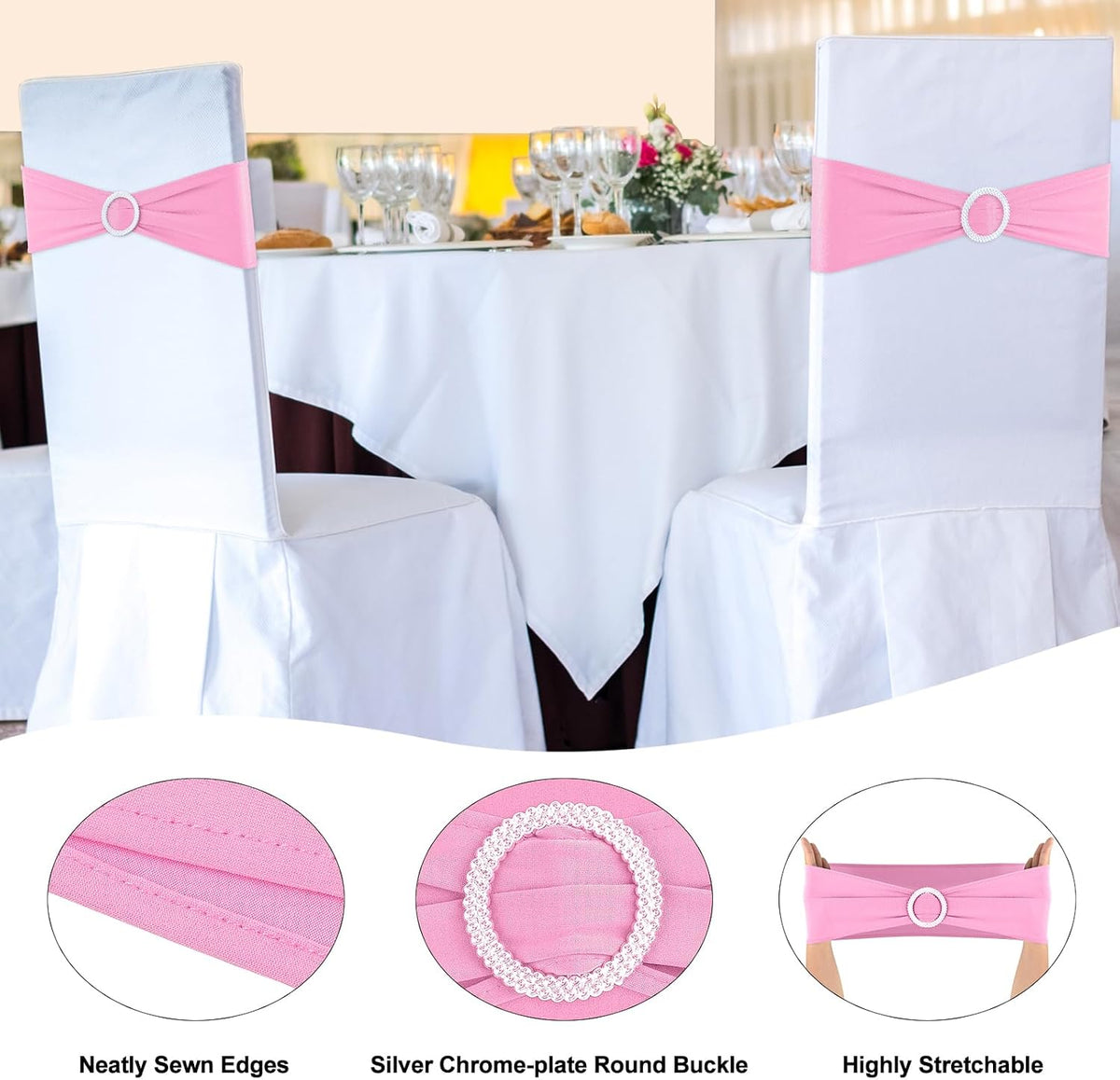 Pink Chair Sashes 25 Pack Spandex Stretch Chair Band Sashes with Buckles for Folding Chairs Wedding Party Reception Baby Shower Events Banquet Decorations