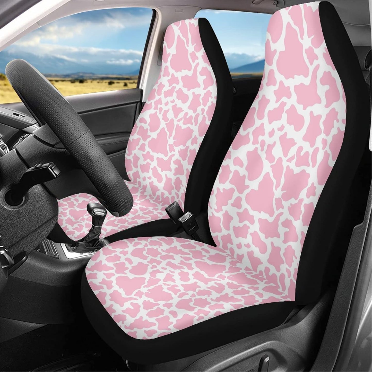 Pink Cow Animal Print Car Seat Cover 2 Pcs Car Accessories for Women Ladies Soft Car Seat Cushion Durable Auto Front Bucket Seat Cushion Decoration for Standard Size Cars